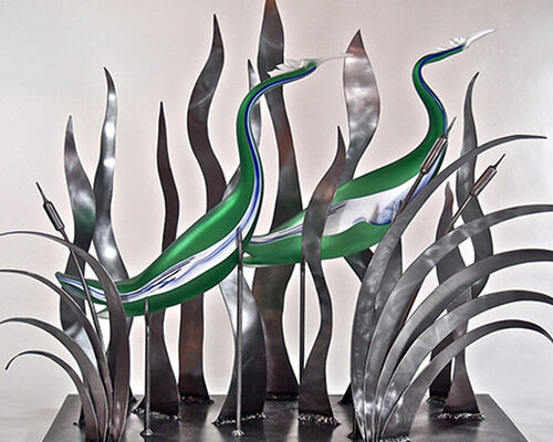 glass and metal bird sculpture